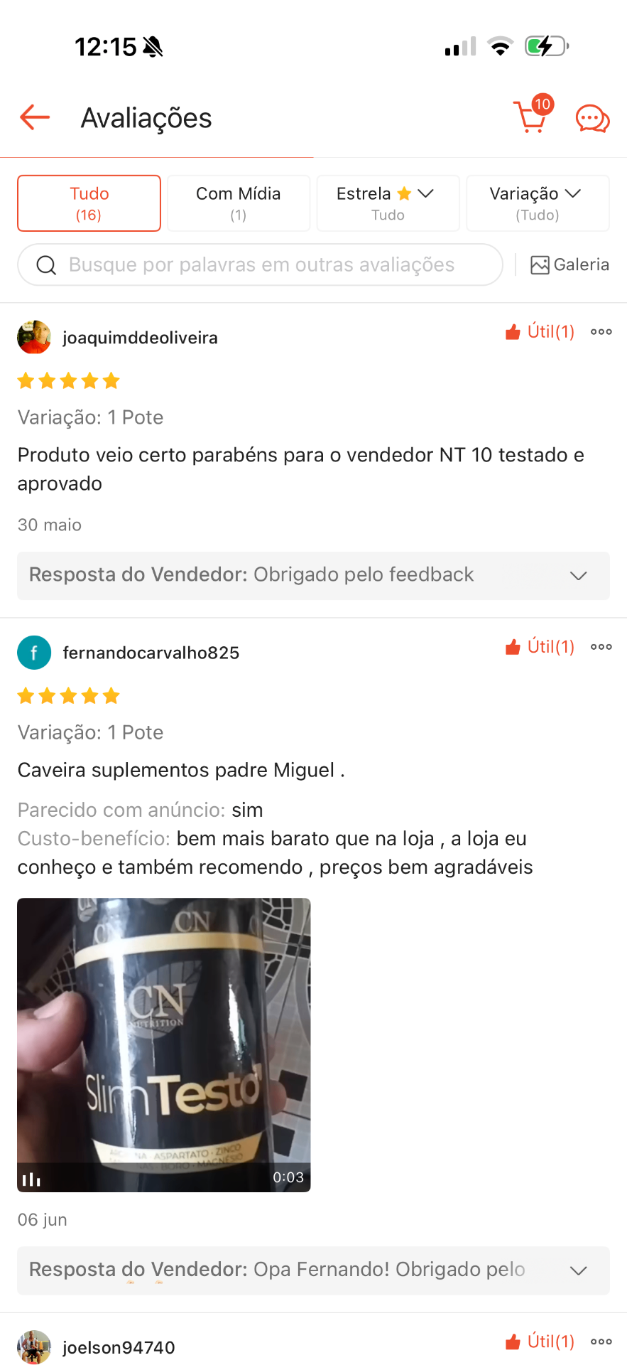 Feedback de cliente no Shopee