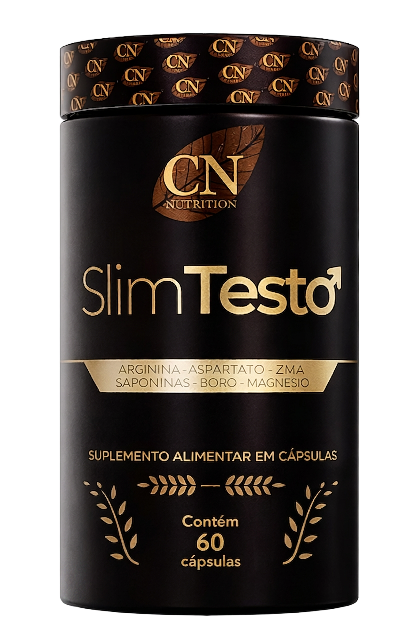 Pote do suplemento Slim Testo, embalagem preta com selo dourado